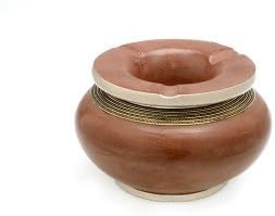 Medina Souvenirs Moroccan tadelakt Ashtray, caramel color, handcrafted ashtray with polished anti-corrosive brushed and twisted metal band inserts