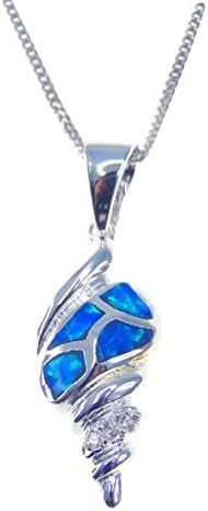 Sterling Silver Conch Seashell Created Blue Fire Pendant Necklace 18‘’ Chain