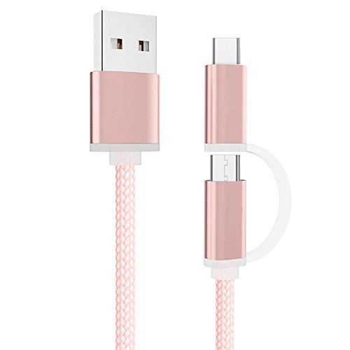 2 in 1 Nylon Ladekabel, JUYUAN-EU 1m kabel Nylon umflochtenes Micro auf Type C USB Ladegerät für Samsung S5 S6 S7 Und the new MacBook, ChromeBook Pixel, Nexus 5X, Nexus 6P, Nokia N1 Tablet, OnePlus 2 und andere USB-C-Geräte Rosa