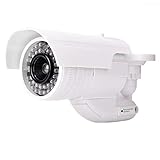 Materiales de alta calidad: hechos de materiales de calidad, mano de obra buena, cámara CCTV simulada de aspecto realista, del mismo tamaño que la cámara real.Base de soporte exterior y cubierta impermeable ajustable para evitar efectos climáticos.