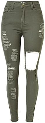 Wgwioo Women Jeans High Waist Denim Elastic Stretchy Disco Skinny Slim Holes Trouser Zipper Pocket Street Pants . Army Green . 32