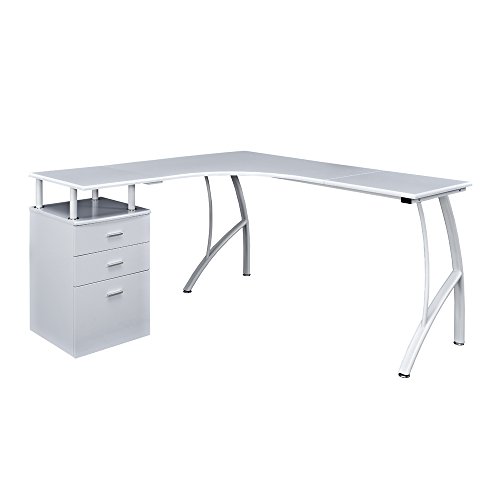 White L Shape Corner Computer Work Desk With 3 Drawers