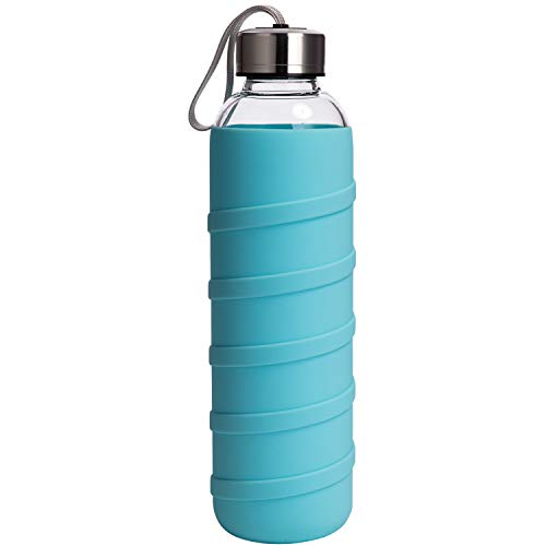 Ferexer Botella de Agua de Cristal Borosilicato con Funda de Silicona Sin BPA 480 ml Cian