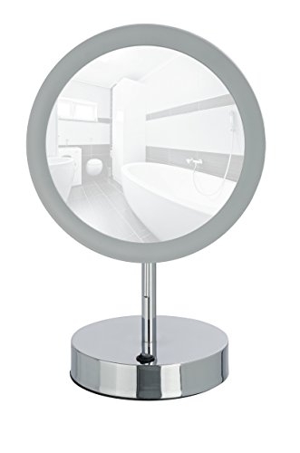 WENKO 3656490100 LED Standspiegel Aura – Kosmetikspiegel, mit hochwertigem Acrylrahmen, Spiegelfläche ø 16.5cm, 500% Vergrößerung, Stahl, 20 x 32 x 14 cm, Chrom - 3
