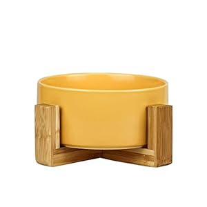 HCHLQLZ Amarillo Ceramica Comedero Perro y Comedero Gato – 850 ml – En un Elegante Soporte de bambú – También Adecuado para Perros Grandes/Grandes felinos