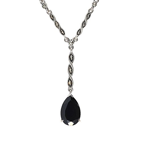 Sterling Silver Black Spinel and Marcasite Teardrop Necklace