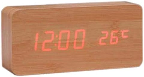 Loopan Wooden Digital Alarm Clock LED Display for Home Office Daily Life Time and Temperature with Sound Control Function Rectangle Shape Desk Clock (Cream)