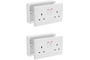 MAMAN Axiom 13A Double White Switched Socket & Double Surface Mount 25mm Pattress Box 2 Gang Set Electrical Outlets (2)