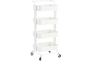 MAGNA RETAIL Metal Trolley on Wheels | Storage Shelves | Makeup Storage | Cleaning Trolley | Shelves Unit | Utility Cart | Cleaning Caddy | Metal Rolling Cart (4-Tier White)