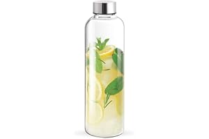 EZUK Clear Glass Bottle with Lids 32oz /1L– 1 Pack Empty Reusable Glass Water Bottles, Stainless Steel Lids