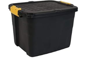 Strata Pack of 6 Heavy Duty Storage Boxes, Secure Stackable Case - 42 Litres - 50 x 40 x 35 cm - Resistant to 410 kg - Black/Yellow