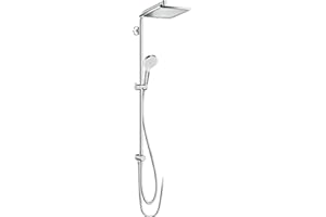 hansgrohe Crometta E - wassersparendes Duschsystem (EcoSmart) ohne Armatur, Regendusche (240 x 240 mm) mit Umsteller, Handbrause, Schlauch, Brausestange und eckiger Kopfbrause, Chrom, 27289000