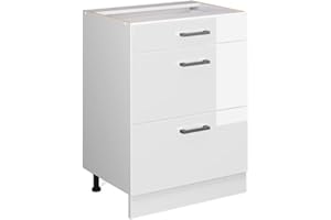 Vicco mobiletto base per cucina R-line, Bianco lucido/Bianco, 60 cm con cassetti, senza piano di lavoro