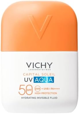 Vichy Capital Soleil, UV Aqua Invisible fluid SPF50+ Viso e Corpo, Adatto a Pelli Sensibili, Alta Protezione dai Raggi UV, Idratazione 24H, Con Beta Carotene e Vitamina E, 50ml