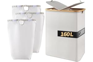 PotentForce Panier à Linge 160L avec Couvercle, Collecteur de Linge 2 Compartiments, Ouverture Bidirectionnelle, Corbeille à Linge Durable, Boîte de Rangement pour Vêtements (Blanc)