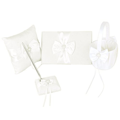 FOREVER YUNG 5 Pieces Faux Pearl Bowknot Set Including Wedding Guest Book, Pen, Ring Pillow, Wedding Basket And Pen Stand Set Ivory