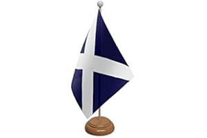 UKFLAGSHOP 9" x 6" Scotland St Andrews Saltire Scottish Navy Blue Large Desktop Table Flag With Wooden Base & Pole Ideal For Party Conferences Office Display