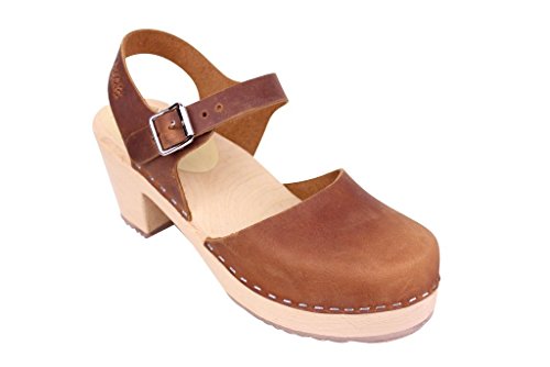 Lotta From StockholmSwedish Highwood Clog Sandal for Women | High Heel Mary Jane Style Wooden Clogs Handcrafted in Sweden | Alder Wood Base and Oiled Nubuck Leather | Brown