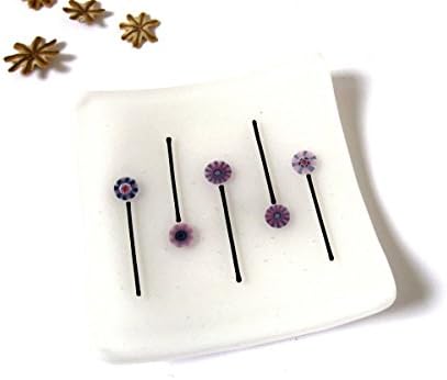 Square white fused glass tiny ring dish. Modern pink floral design DH246
