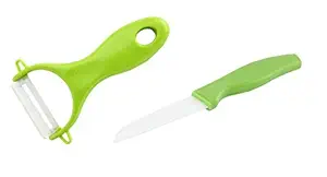 Okayji Kitchen Cutlery Ceramic Fruit Knife and Peeler Set Ultra Sharp Lightweight, Green