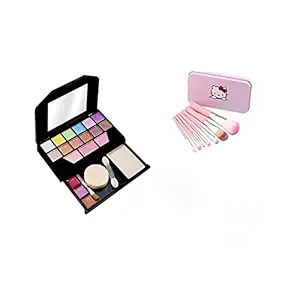 Womens and Girls KTABRIZ TYA Fashion Mini 5024 Multicolour Makeup Kit and 7 Pink Light-Weight Makeup Brushes Set - (Pack of 8)