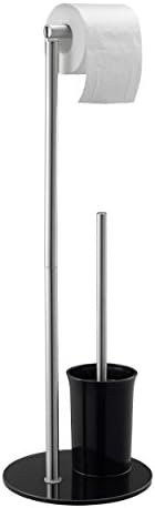 Kendan Toilet Paper Roll Holder with Toilet Brush, Free Standing Stainless Steel Toilet Paper Roll Storer Stand, Tissue Paper Roll Holder with Tempered Glass Base, Black Colour