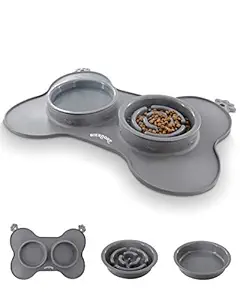 BIERDORF Dog Bowls Slow Feeder Pet Bowl Fun Feeder Eco-Friendly Non-Toxic No Choking Healthy Design Bowl with No-Spill Non-Skid Silicone Mat Water Bowl for Dogs Cats and Pets