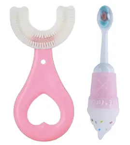 DC DECORIO Tooth Brush Head 360 Degree Cleansing U Shaped Toothbrush for Kids baby (HEART PINK+ICE CREAM PINK)