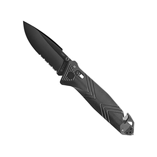 TB Outdoor - Couteau CAC® - Couteau Armée Française - Survie et Outdoor - Lame Anti-Corrosion avec Serrations - Manche PA6 FV Noir - Lame Utile 85 mm