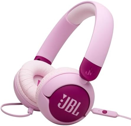 JBL Junior 320 Cuffie On-Ear con Filo per Bambini, Microfono Integrato, Safe Sound, Limitatore del Volume, Cuscinetti Morbidi e Spessi 12 mm, Set Adesivi, Design Portatile Pieghevole, Viola