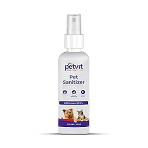 Petvit Pet Sanitizer with Citronella Oil, Neem Oil, Eucalyptus Oil, Vitamin E Oil Kills 99.9% Germs, Anti-Microbial, No Alcohol, Vet Approved, Hypoallergenic for All Breed Dog & Cat-100ml, White