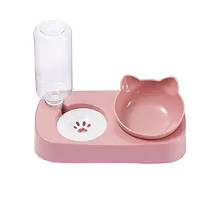Pet Water Bowl and Food Bowl, 15 ? tilt to Protect The Cervical vertebrae Slant Mouth Food Bowl with Automatic Water Bottle Water Bowl, Suitable for Small and Medium Dogs and Cats.(Pink)
