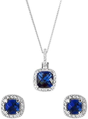 Sterling silver blue and white cubic zirconia cushion cut necklace and earring set / Gift Box