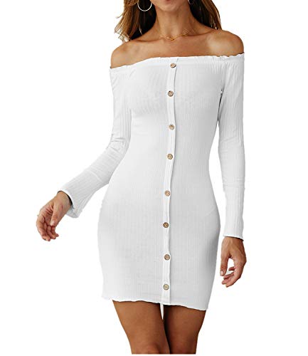 Robe Casual Femme Soiree,Honestyi Sexy Robes Couleur Unie Dress Manche Longues Tablier Une Jupe Crayon d'épaules Bouton Tissus Fin Robe Élasticité Haut Chic Pas Cher Mini Robe, Blanc, S