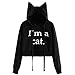 Price comparison product image 7Lucky Women Cropped Hoodie Sweatshirt, Casual Long Sleeve Cat Print Shirt O Neck Short Hooded Tops Jumper Comfortable Pullover Blouse Black