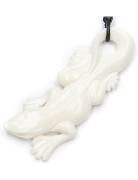 Gecko Anhänger Schmuck aus Knochen, handgeschnitzter Kettenschmuck inkl. Textilband, 6cm lang