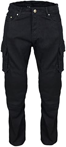 Men's Black Cotton Plain &amp; Cargo Style Motorcycle Motorbike Biker Trousers Pants + Free Protectors (34W x 33L, Cargo)