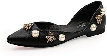 Lady's pointed flat bottom shoes,pearl small bee soft soles heel shoes,casual shoes-A Foot length=22.8CM(9Inch)