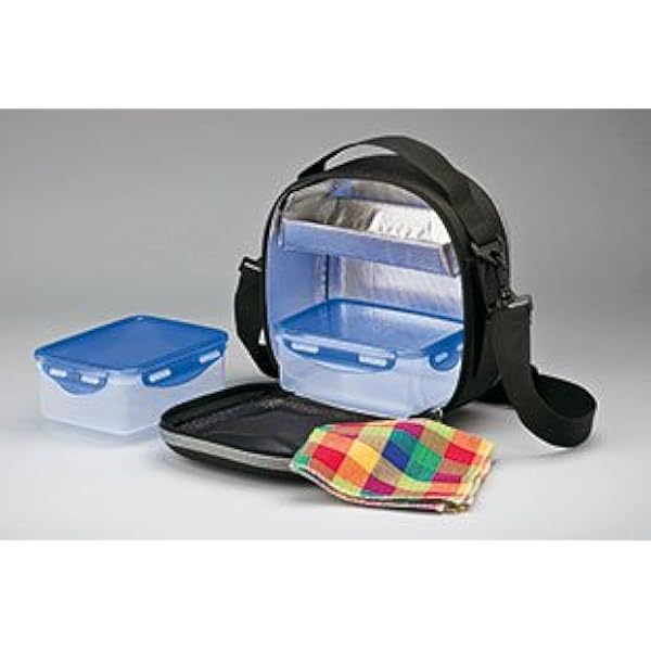 Bolsa térmica porta alimentos - térmico grande con recipientes herméticos y cubiertos - fiambrera bandolera para comida - ideal para oficina o camping - color negro estiloso chica