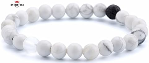 Men Women 8mm Tiger Eye Stone Beads Bracelet Elastic Natural Stone Yoga Bracelet Bangle (White Howlite)