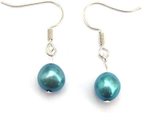 Aqua Blue Fresh Water Pearl Drop Earrings on Silver Coloured Fishhook Earwires