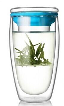 450ML Double Walled Thermo Glasses, Iced Tea, Hot/Cold Beverage, Tea and Coffee Glass Drinking Cup with Filter and Lid(Blue)