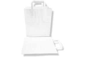 Générique 250 Sacs Cabas en Papier Kraft Blanc 22+10x28 cm avec poignées Plates – Sacs Solides et résistants