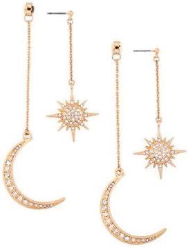 House of Joy Two Way Gold Tone Crystal Moon And Star Pendant Long Drop Earrings