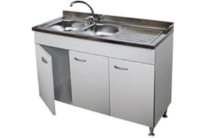 Arredobagno e Cucine Mobile per lavello acciaio inossidabile cm.120 Completo di lavello 2 vasche per Cucina, Bianco