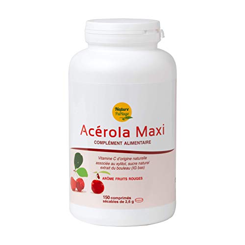 Nature & Partage - Acérola Maxi 300 jours - 150 grands comprimés quadri-sécables de 2,6 g, 1/2 comprimé par jour - Vitamine C d'origine naturelle associée au xylitol, sucre naturel extrait du bouleau