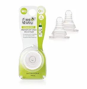 BeeBaby Comfort Anti-Colic Soft Silicone Nipple / Teat with Carry Case for Slim Neck Baby Feeding Bottle. Slow Flow. (S Hole) (Pack of 2) 0M+ |100% BPA Free. | Easy to Latch.