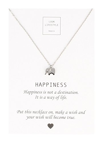 LUUK LIFESTYLE Joya de mujer, tarjeta de regalo, gargantilla con colgante de elefante y cita «Happiness», amuleto, plata
