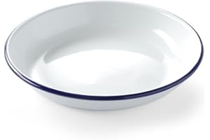 HENDI Piatto in acciaio smaltato bianco, con bordo blu, rotondo, piatto fondo, per campeggio, escursioni e picnic, ø240x(H) 40mm