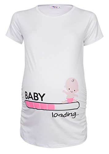 Happy Mama. Woman's Maternity Funny Baby Loading Print T-shirt Top. 617p (White & Pink, UK 10/12)